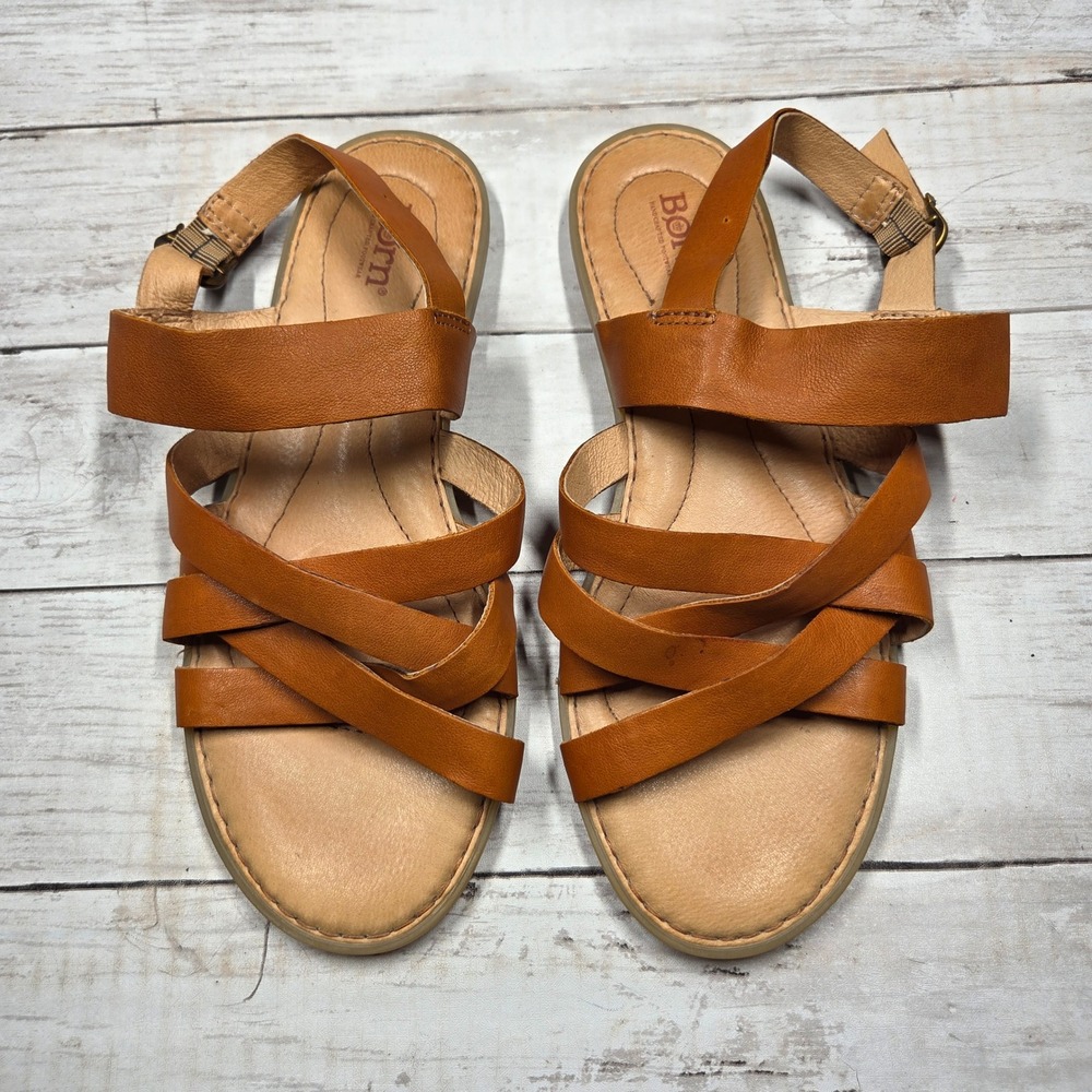 Born F40406 Strappy Gladiator Sandal Women 10M Tan Leather Buckle Slingback Flat